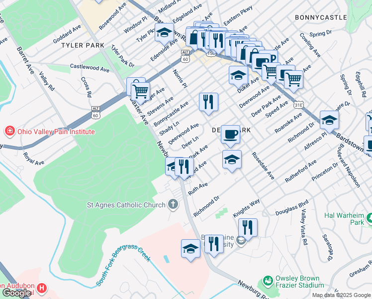 map of restaurants, bars, coffee shops, grocery stores, and more near 1619 Deer Park Avenue in Louisville