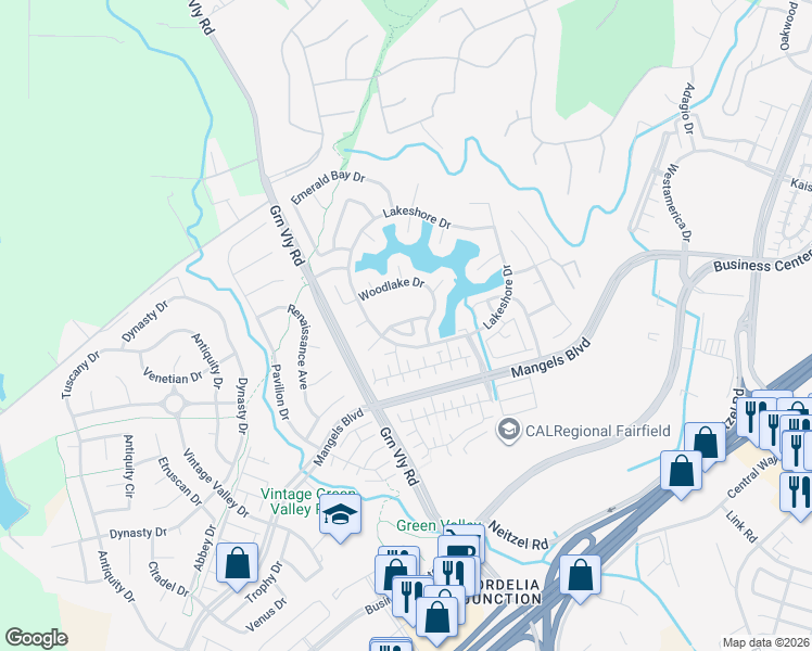 map of restaurants, bars, coffee shops, grocery stores, and more near 5109 Napa Shore Drive in Fairfield