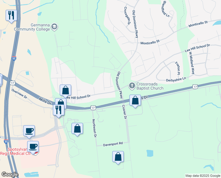 map of restaurants, bars, coffee shops, grocery stores, and more near 4308 Turriff Lane in Fredericksburg