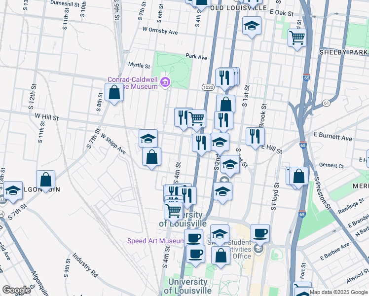 map of restaurants, bars, coffee shops, grocery stores, and more near 1600 South 3rd Street in Louisville