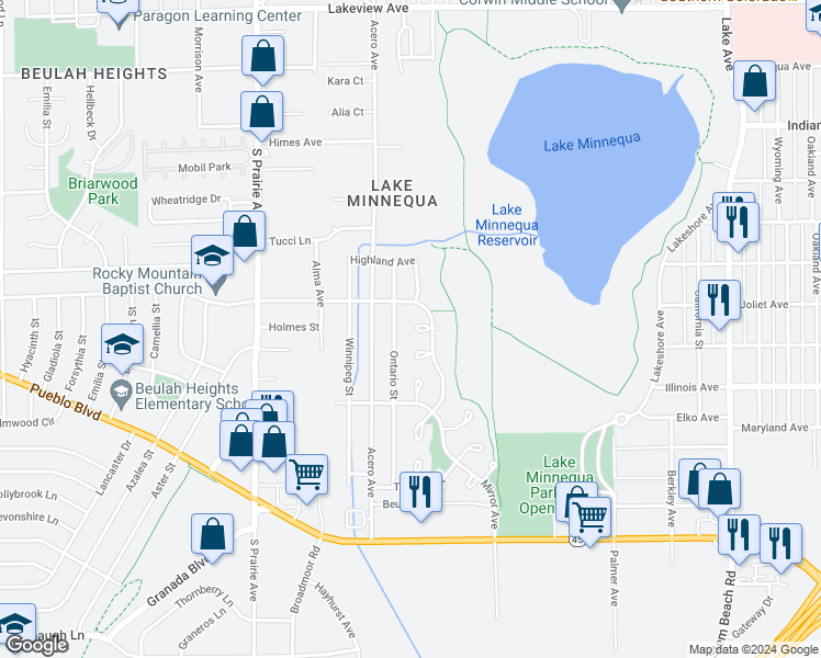 map of restaurants, bars, coffee shops, grocery stores, and more near 2022 O'neal Place in Pueblo