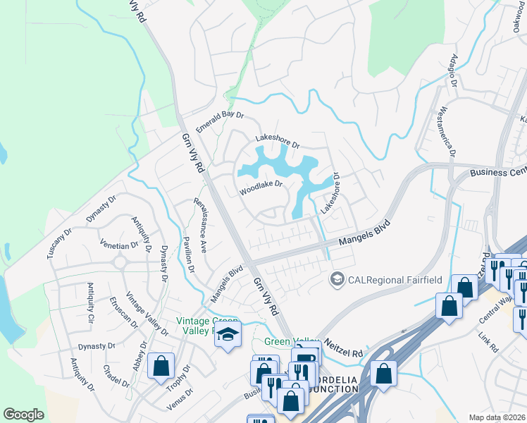 map of restaurants, bars, coffee shops, grocery stores, and more near 5109 Napa Shore Drive in Fairfield