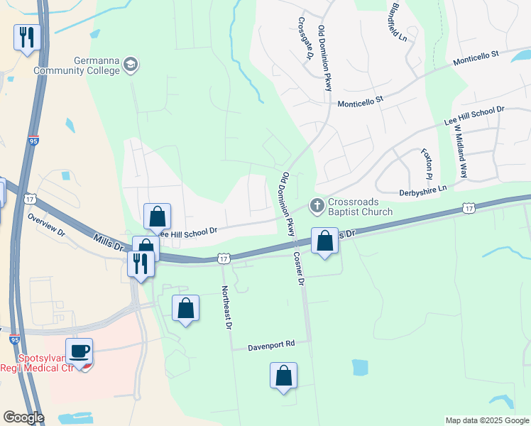 map of restaurants, bars, coffee shops, grocery stores, and more near 4308 Turriff Lane in Fredericksburg