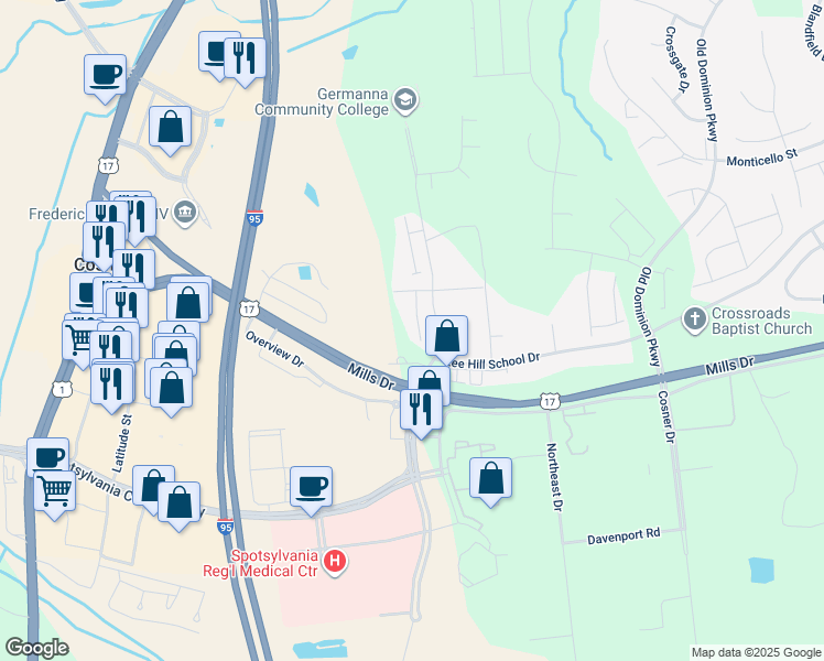 map of restaurants, bars, coffee shops, grocery stores, and more near 9808 Bartley Court in Fredericksburg