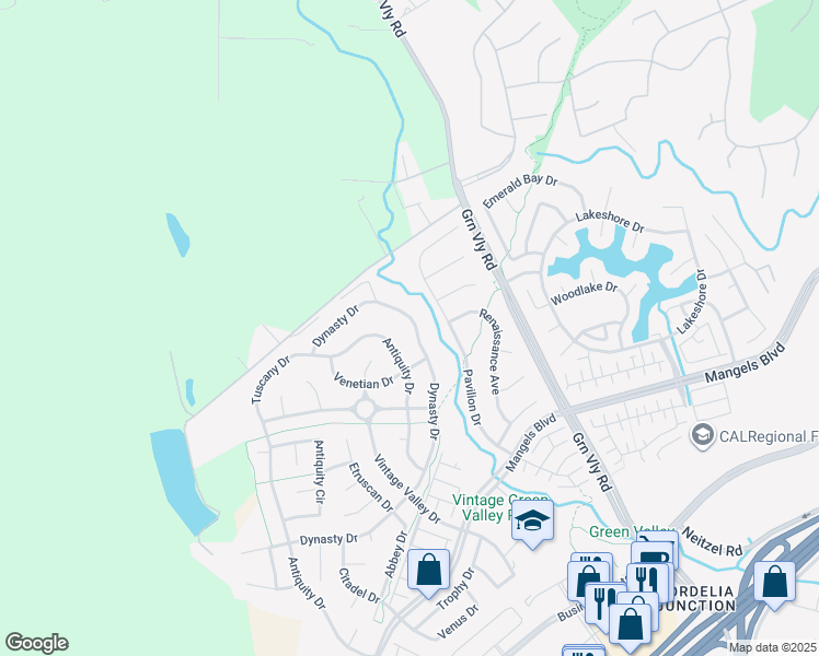 map of restaurants, bars, coffee shops, grocery stores, and more near 704 Antiquity Drive in Fairfield