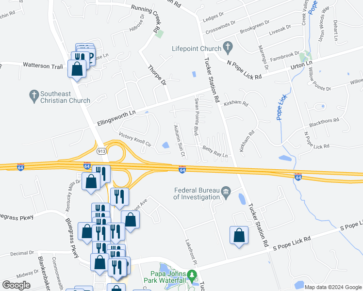 map of restaurants, bars, coffee shops, grocery stores, and more near 1302 Autumn Sun Court in Middletown