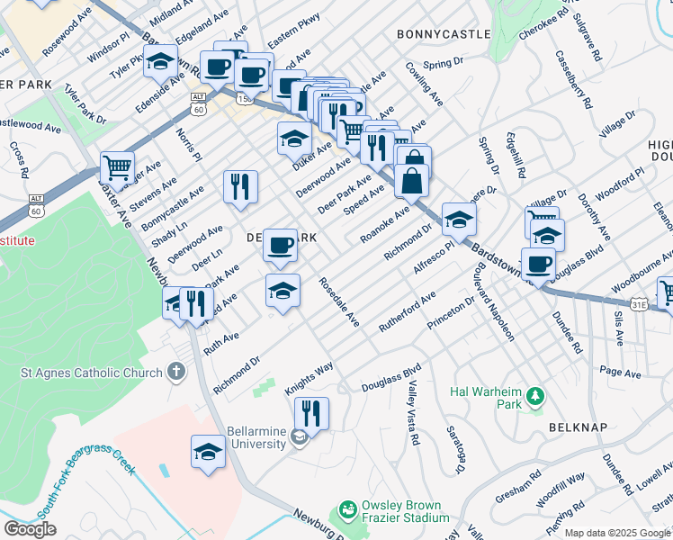 map of restaurants, bars, coffee shops, grocery stores, and more near 1887 Richmond Drive in Louisville