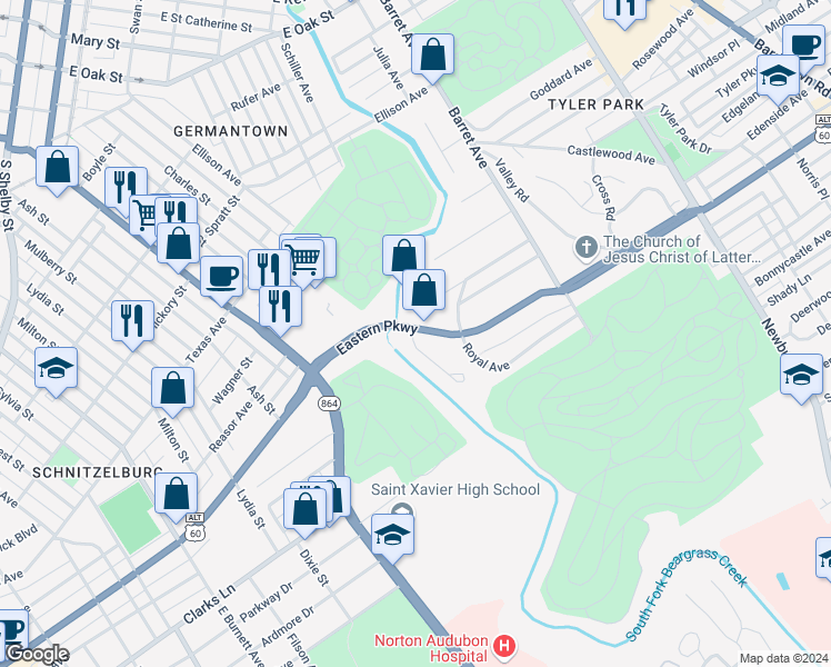 map of restaurants, bars, coffee shops, grocery stores, and more near 1160 1/2 Castlevale Drive in Louisville