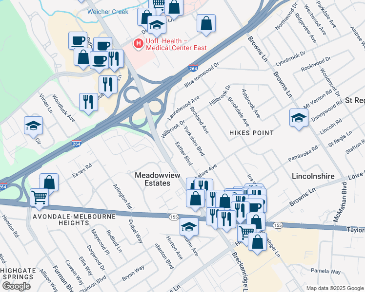 map of restaurants, bars, coffee shops, grocery stores, and more near 2809 Esther Boulevard in Louisville