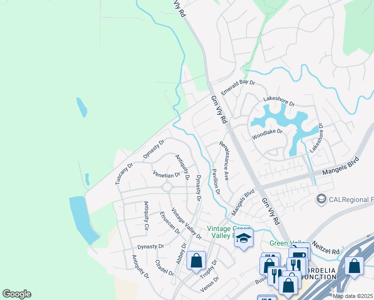 map of restaurants, bars, coffee shops, grocery stores, and more near 704 Antiquity Drive in Fairfield