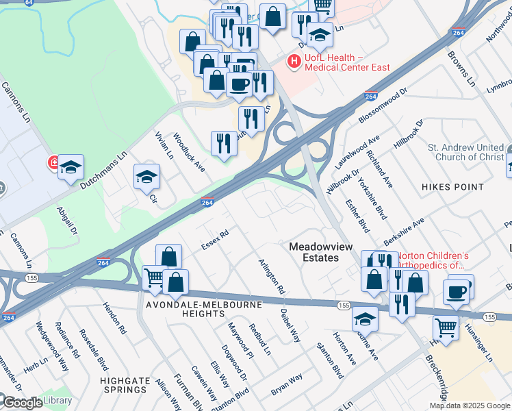 map of restaurants, bars, coffee shops, grocery stores, and more near 203 Breckinridge Square in Louisville