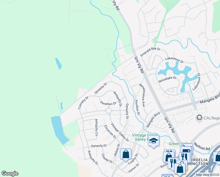 map of restaurants, bars, coffee shops, grocery stores, and more near 732 Antiquity Drive in Fairfield