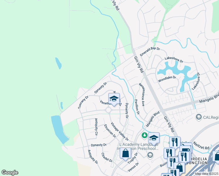 map of restaurants, bars, coffee shops, grocery stores, and more near 732 Antiquity Drive in Fairfield