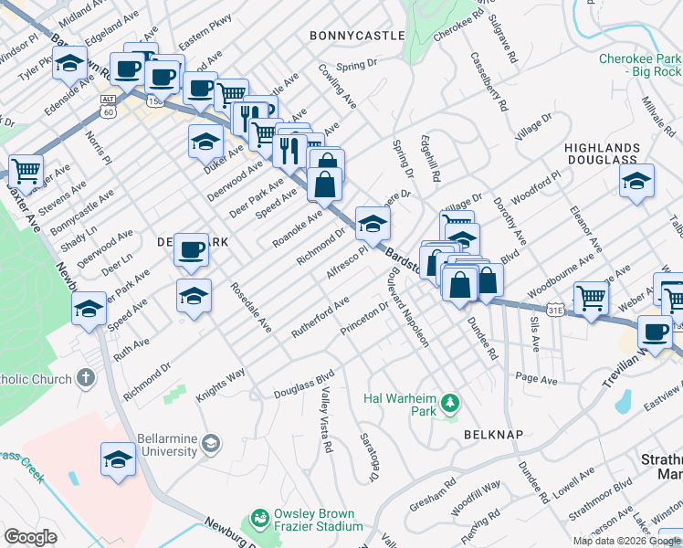map of restaurants, bars, coffee shops, grocery stores, and more near 1913 Rutherford Avenue in Louisville
