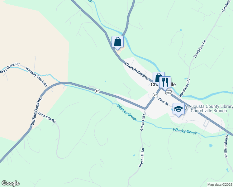 map of restaurants, bars, coffee shops, grocery stores, and more near 177 Buffalo Gap Highway in Churchville