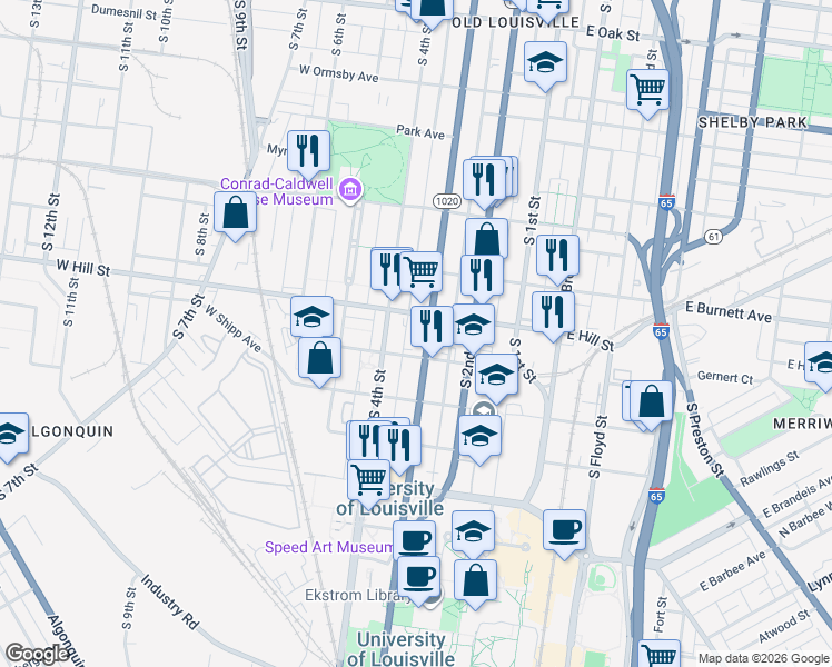 map of restaurants, bars, coffee shops, grocery stores, and more near 315 West Hill Street in Louisville
