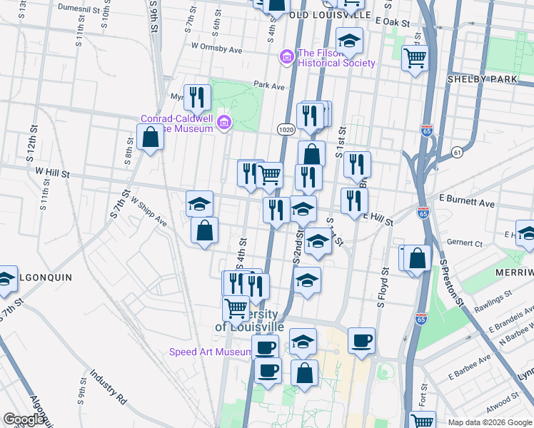 map of restaurants, bars, coffee shops, grocery stores, and more near 1514 South 3rd Street in Louisville