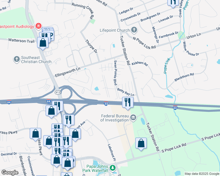 map of restaurants, bars, coffee shops, grocery stores, and more near 1303 Taxus Top Lane in Louisville