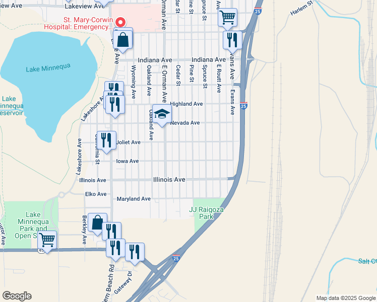 map of restaurants, bars, coffee shops, grocery stores, and more near 711 Joliet Avenue in Pueblo