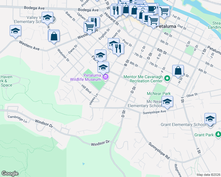 map of restaurants, bars, coffee shops, grocery stores, and more near 10 Hinman Street in Petaluma