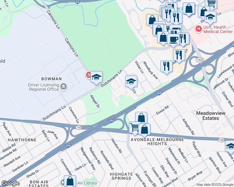 map of restaurants, bars, coffee shops, grocery stores, and more near 3700 Dutchmans Lane in Louisville