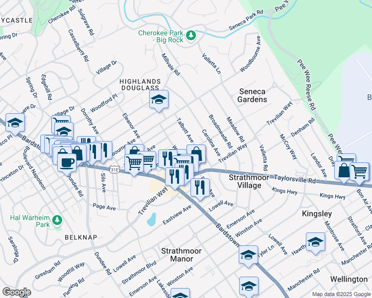 map of restaurants, bars, coffee shops, grocery stores, and more near 2234 Talbott Avenue in Louisville