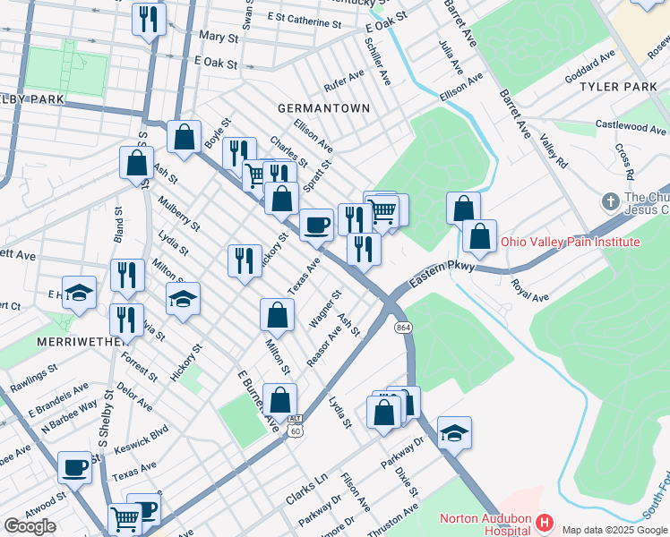 map of restaurants, bars, coffee shops, grocery stores, and more near 1209 Goss Avenue in Louisville