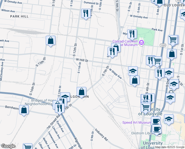 map of restaurants, bars, coffee shops, grocery stores, and more near 515 West Shipp Avenue in Louisville