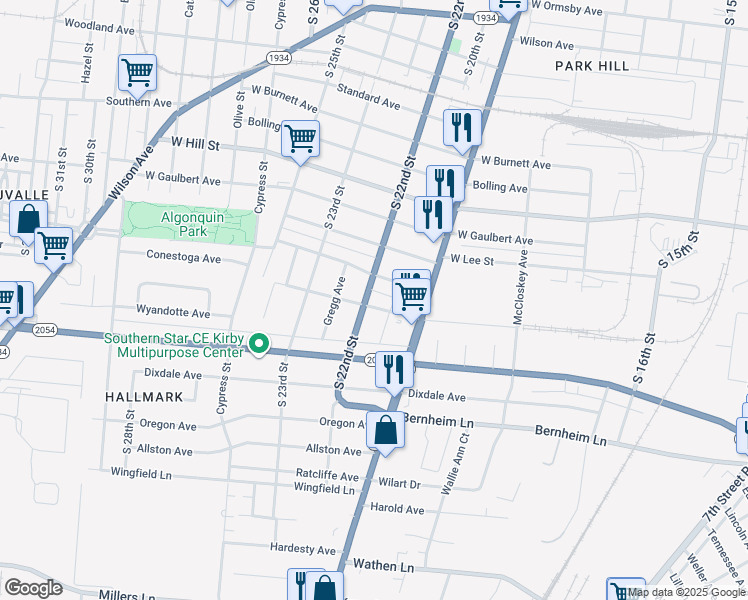 map of restaurants, bars, coffee shops, grocery stores, and more near 1838 Burwell Avenue in Louisville