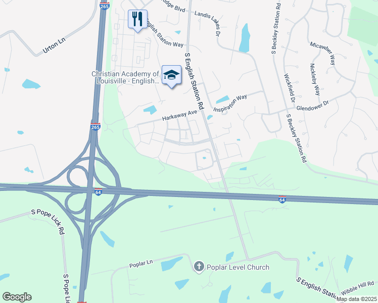 map of restaurants, bars, coffee shops, grocery stores, and more near 14500 English Park Circle in Louisville