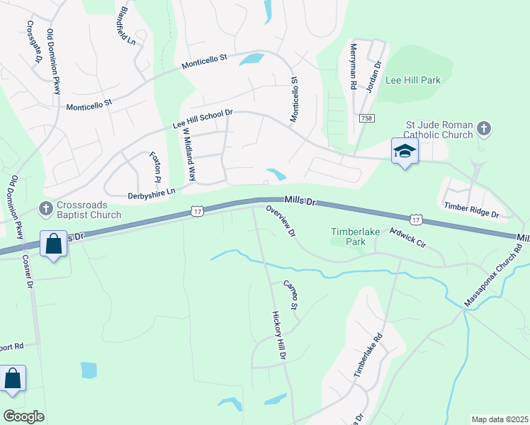 map of restaurants, bars, coffee shops, grocery stores, and more near 3824 Overview Drive in Fredericksburg