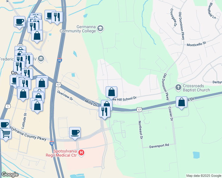 map of restaurants, bars, coffee shops, grocery stores, and more near 4542 Leighann Lane in Fredericksburg