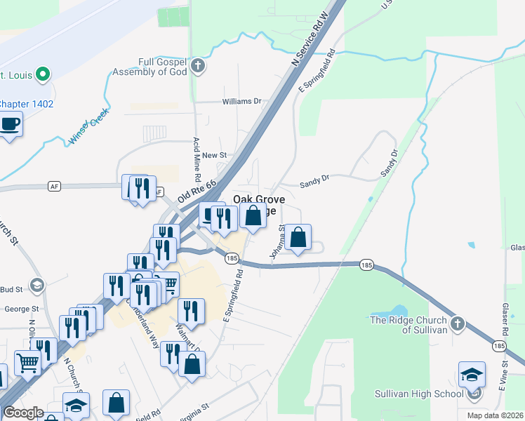 map of restaurants, bars, coffee shops, grocery stores, and more near 1019 E Springfield Rd in Sullivan