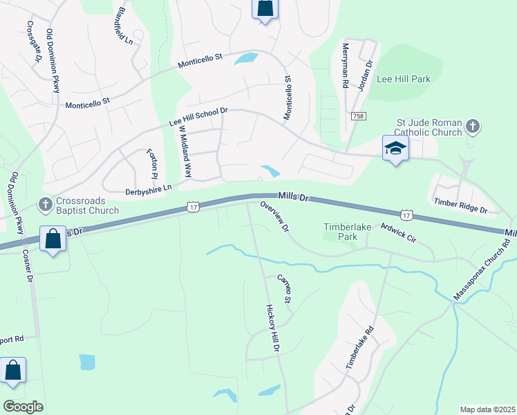 map of restaurants, bars, coffee shops, grocery stores, and more near 3824 Overview Drive in Fredericksburg