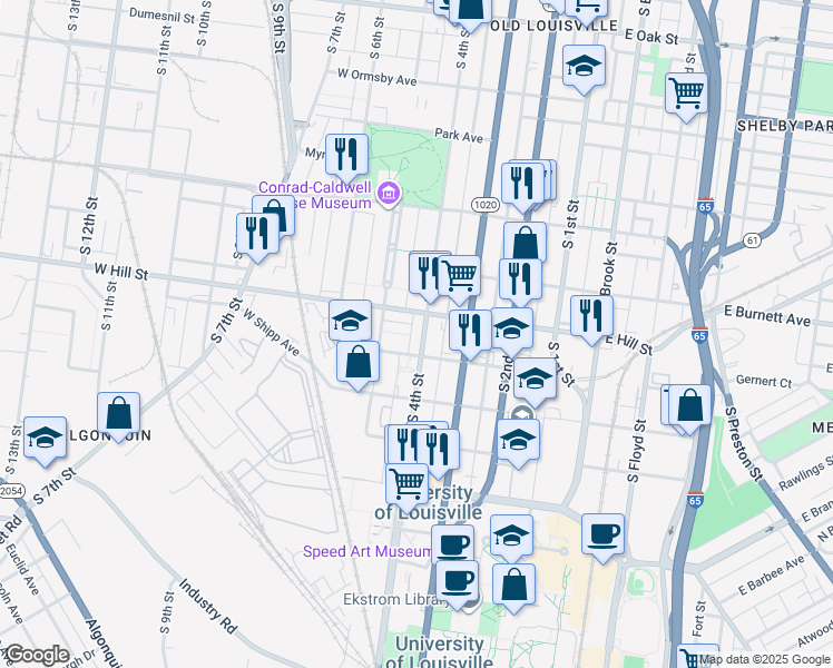map of restaurants, bars, coffee shops, grocery stores, and more near 410 West Hill Street in Louisville