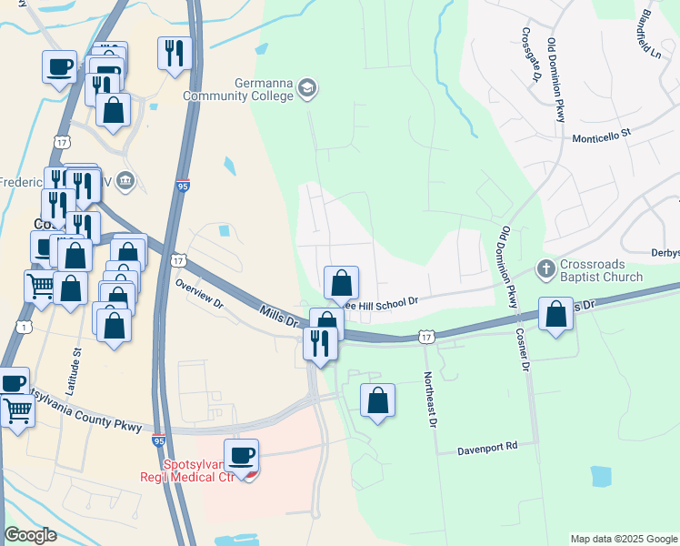 map of restaurants, bars, coffee shops, grocery stores, and more near 4542 Leighann Lane in Fredericksburg