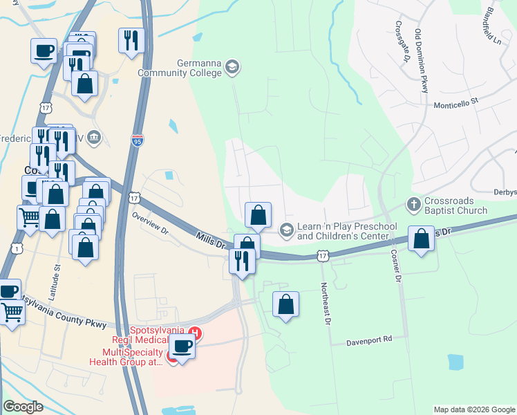 map of restaurants, bars, coffee shops, grocery stores, and more near 4540 Leighann Lane in Fredericksburg