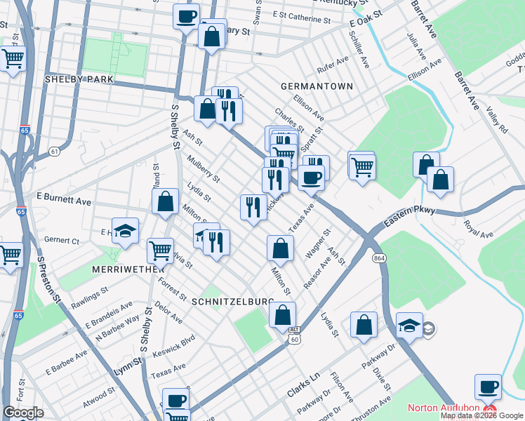 map of restaurants, bars, coffee shops, grocery stores, and more near 1025 Mulberry Street in Louisville