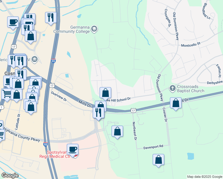 map of restaurants, bars, coffee shops, grocery stores, and more near 9832 Plaza View Way in Fredericksburg