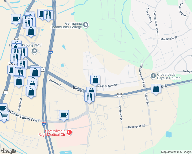 map of restaurants, bars, coffee shops, grocery stores, and more near 4540 Leighann Lane in Fredericksburg