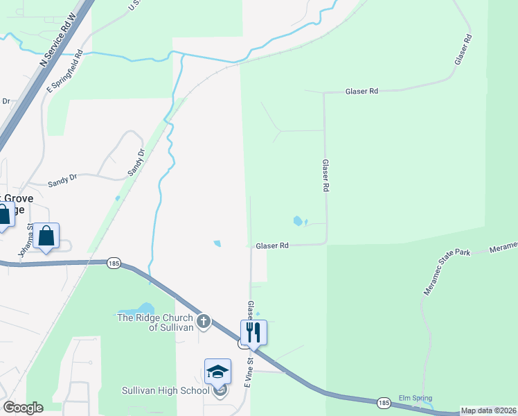 map of restaurants, bars, coffee shops, grocery stores, and more near 107 Glaser Road in Sullivan