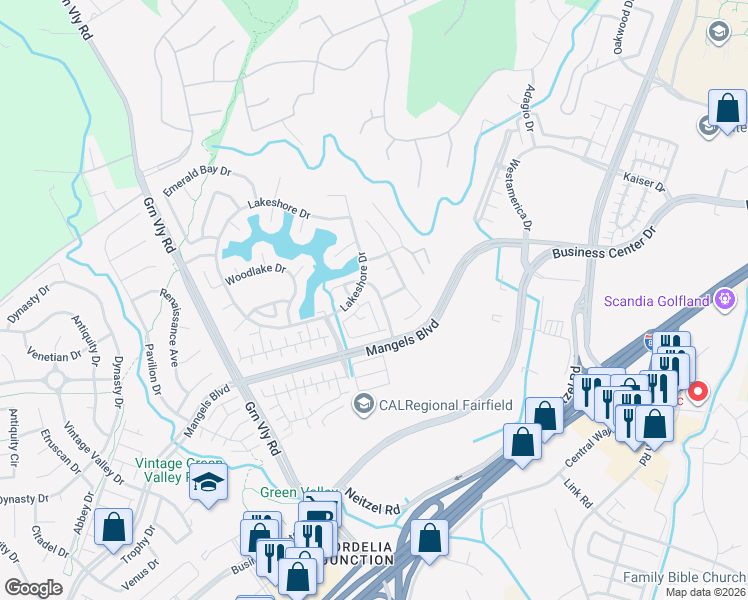 map of restaurants, bars, coffee shops, grocery stores, and more near 5023 Lakeshore Drive in Fairfield