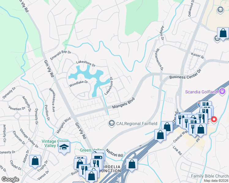 map of restaurants, bars, coffee shops, grocery stores, and more near 5023 Lakeshore Drive in Fairfield