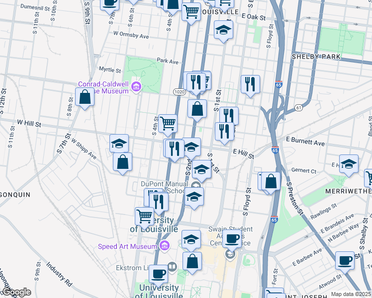 map of restaurants, bars, coffee shops, grocery stores, and more near 217 West Hill Street in Louisville