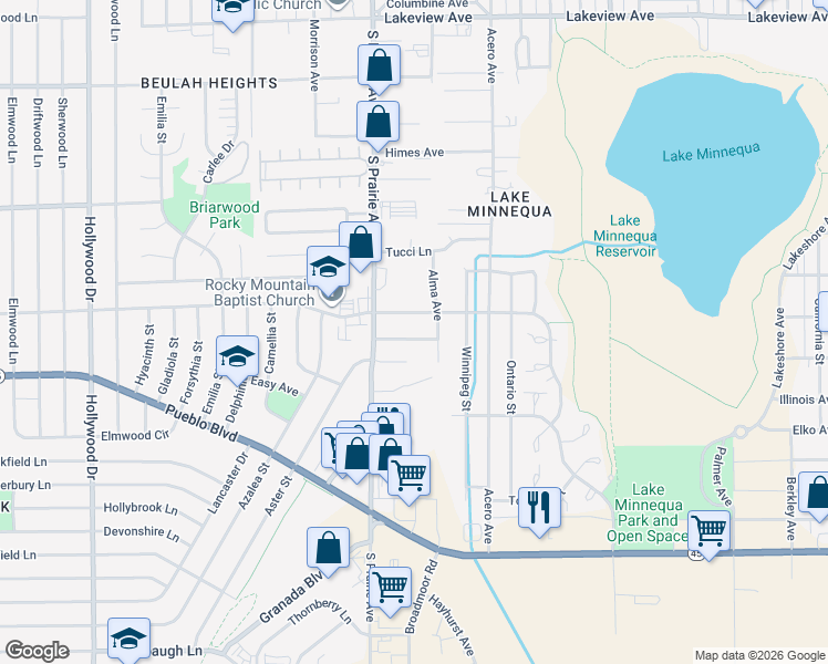 map of restaurants, bars, coffee shops, grocery stores, and more near 2606 O Neal Avenue in Pueblo