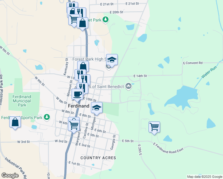 map of restaurants, bars, coffee shops, grocery stores, and more near 821 East 12th Street in Ferdinand