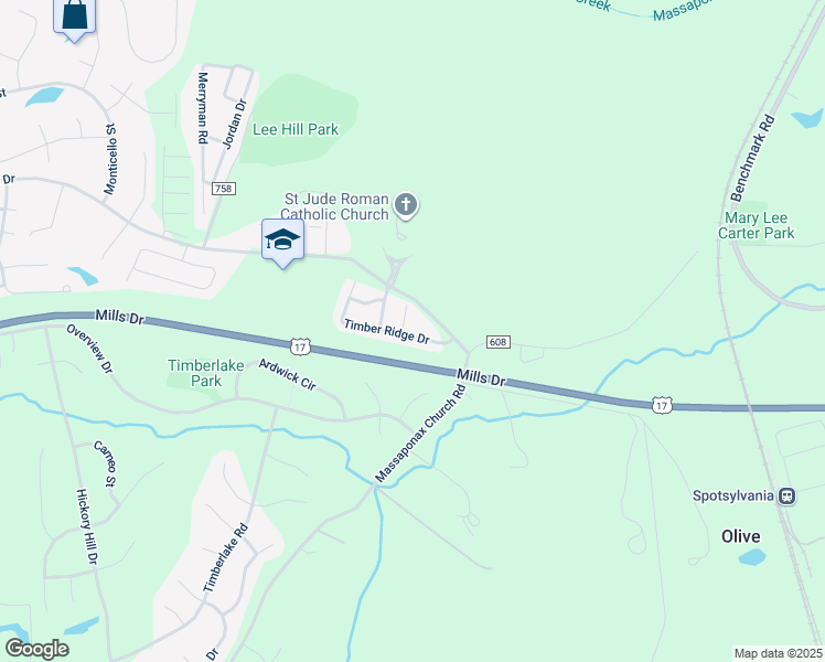 map of restaurants, bars, coffee shops, grocery stores, and more near 3529 Timber Ridge Drive in Fredericksburg