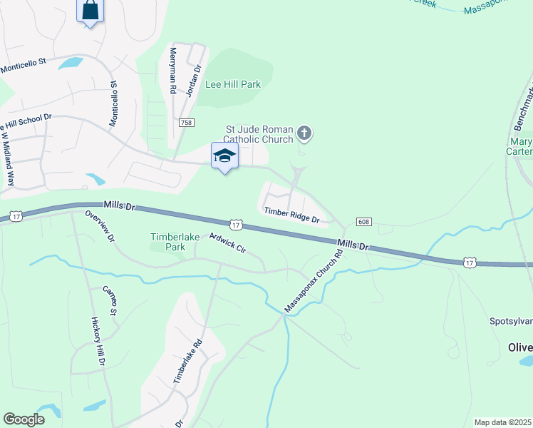 map of restaurants, bars, coffee shops, grocery stores, and more near 3640 Timber Ridge Drive in Fredericksburg