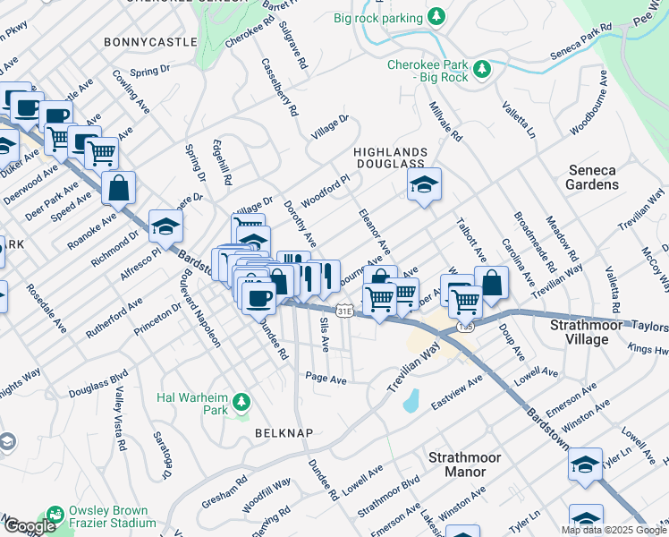 map of restaurants, bars, coffee shops, grocery stores, and more near 2100 Douglass Boulevard in Louisville