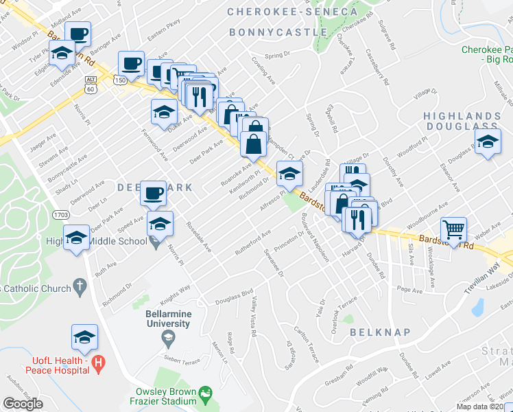 map of restaurants, bars, coffee shops, grocery stores, and more near 1927 Alfresco Place in Louisville